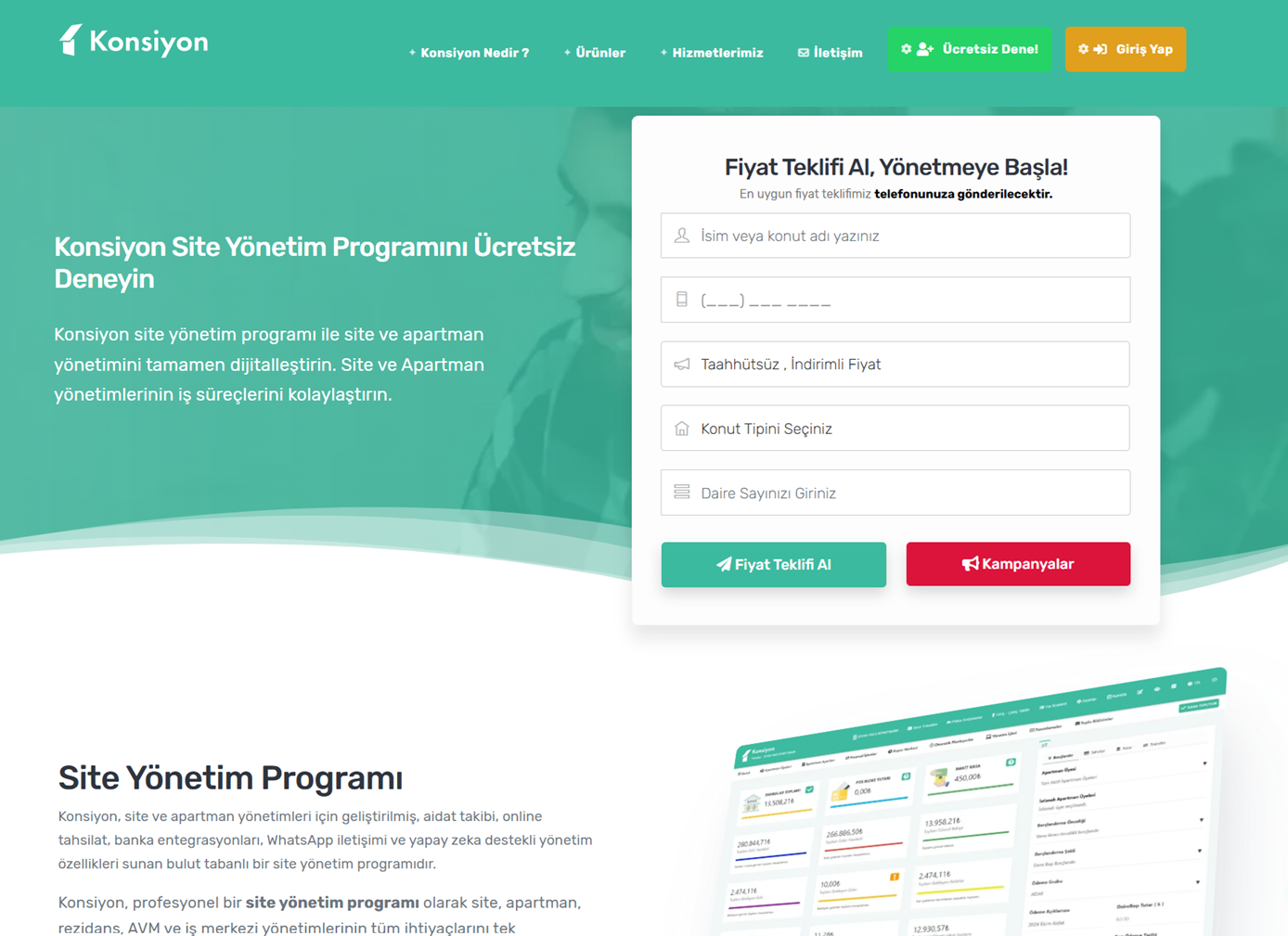Konsiyon web platformu ve site yönetim yazılımı arayüzü